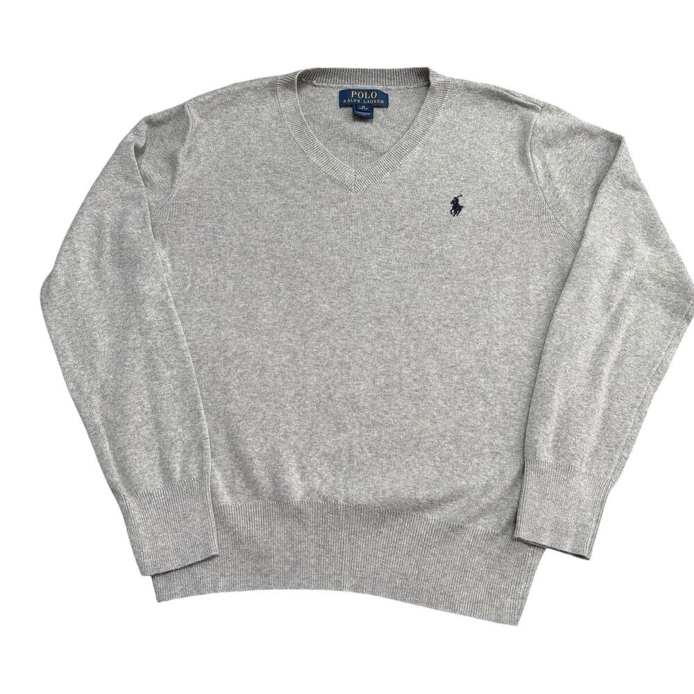 Polo Ralph Lauren Boys V-Neck Cotton Sweater Heather Gray Medium 10-12 Years